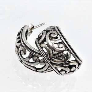 TAXCO Sterling Silver Cutout Scroll Open Curved Drop Earrings